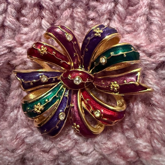Vintage JOAN RIVERS Gold-tone Christmas Enamel & Rhinestone Bow Brooch / Pendant - Picture 3 of 6